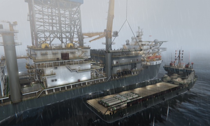 A large offshore oil rig platform in rainy weather, with a supply vessel alongside. A crane is transferring cargo between the rig and the vessel.