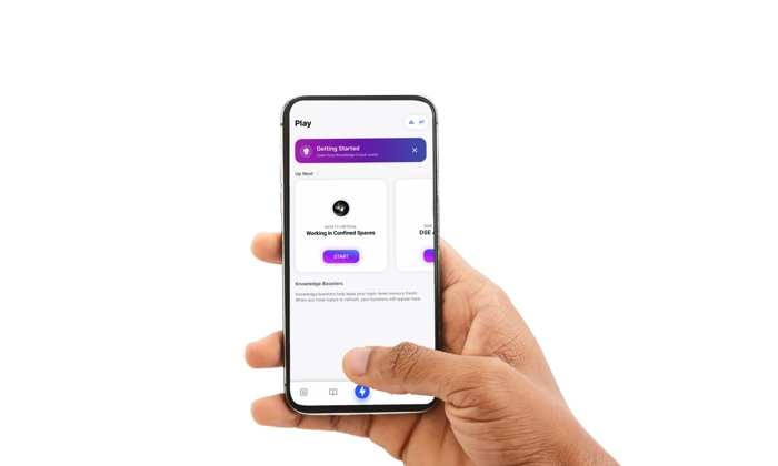 Hand holding a smartphone displaying an app interface with options for "Getting Started" and "Workspace Enrollment Spaces.