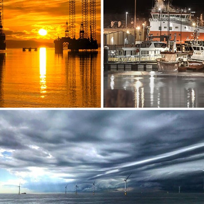 Three images depict offshore energy infrastructure: an oil platform at sunset, a dock with ships at night, and offshore wind turbines under a dramatic sky.