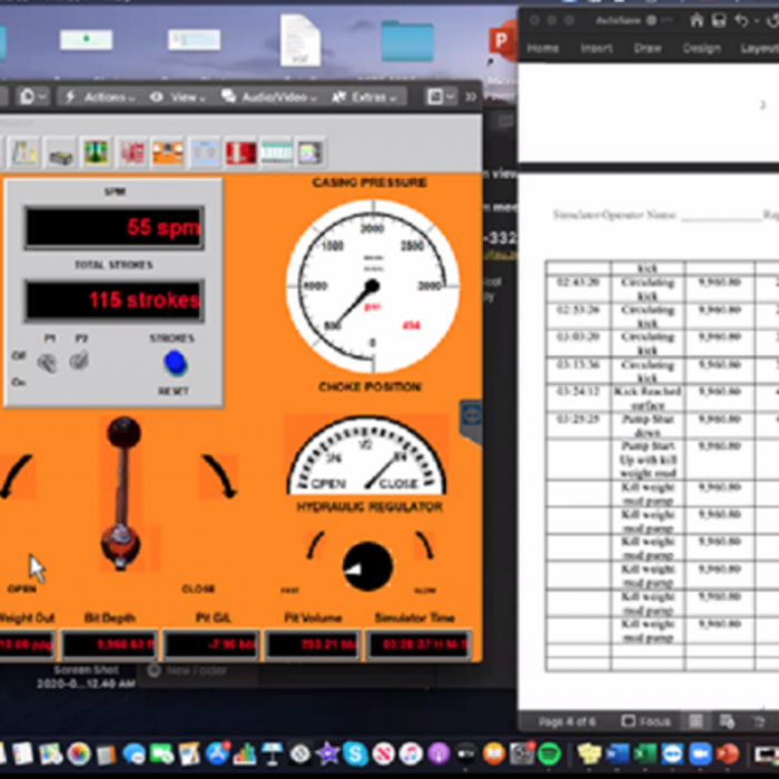 A computer screen shows a virtual meeting with three participants, an oil well operation interface with various controls and readings, and a spreadsheet document.
