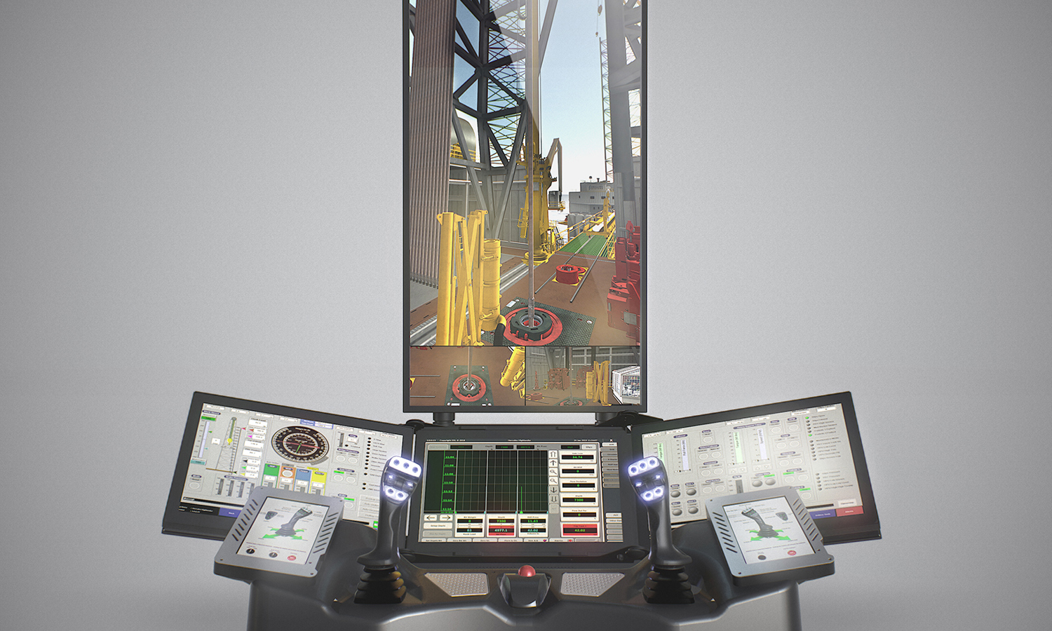 Control console featuring multiple screens and joystick controls, displaying operational data and a central view of an industrial setting with machinery and equipment in the background.