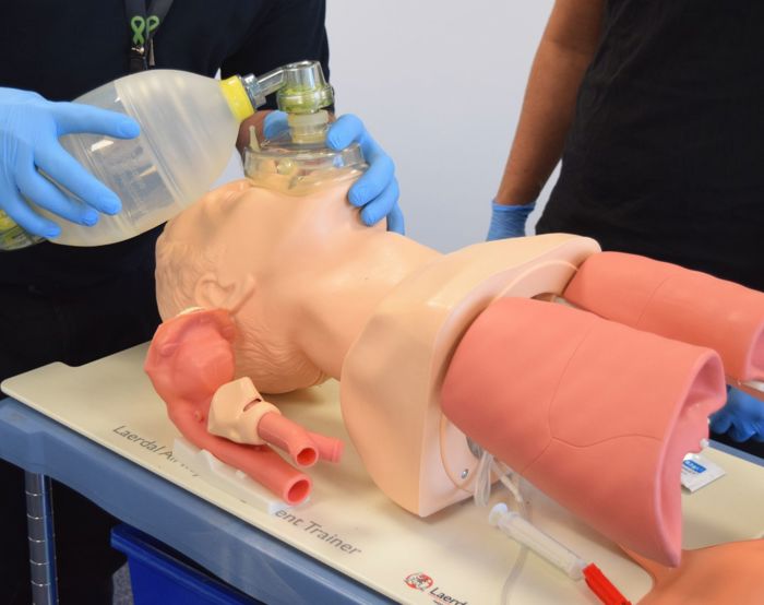Dos individuos practican técnicas de RCP y ventilación en un torso de maniquí médico utilizando una máscara con válvula de bolsa.
