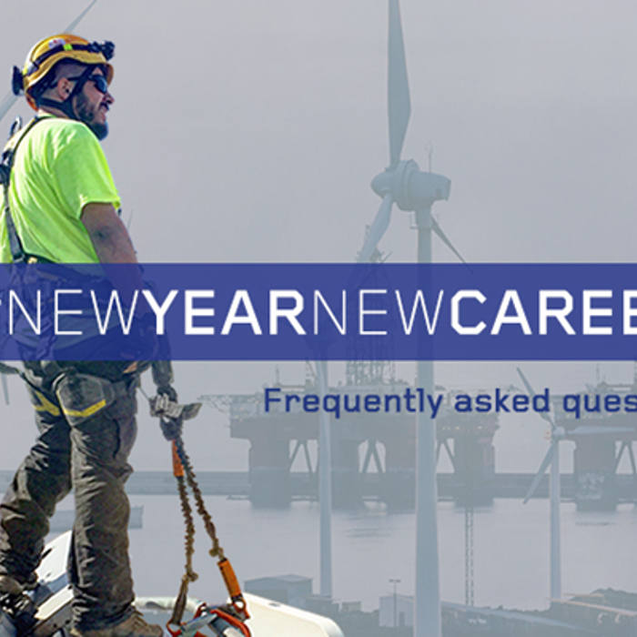 A worker wearing safety gear stands on a wind turbine with a backdrop of more turbines and industrial structures. Overlay text reads "#NewYearNewCareer Frequently asked questions (FAQs).