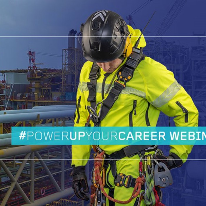A worker in safety gear stands on an offshore platform. The image has a text overlay that reads "#POWERUPYOURCAREER WEBINARS," and a recording icon is visible in the top right corner.