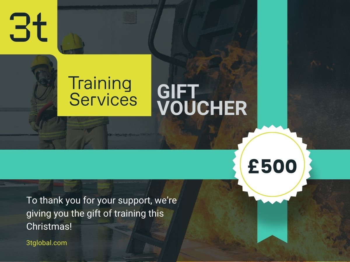A voucher with £500 roundel on and text saying "to thank you for your support, we're giving you the gift of training this Christmas. In the background of the voucher are two firefighters putting out a fire on a helideck.