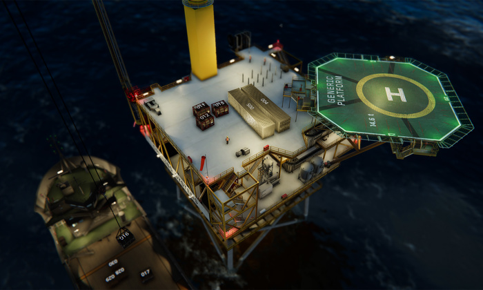 An aerial view of an offshore oil rig platform with a helipad marked "Generic Platform" and a descending vessel at sea.